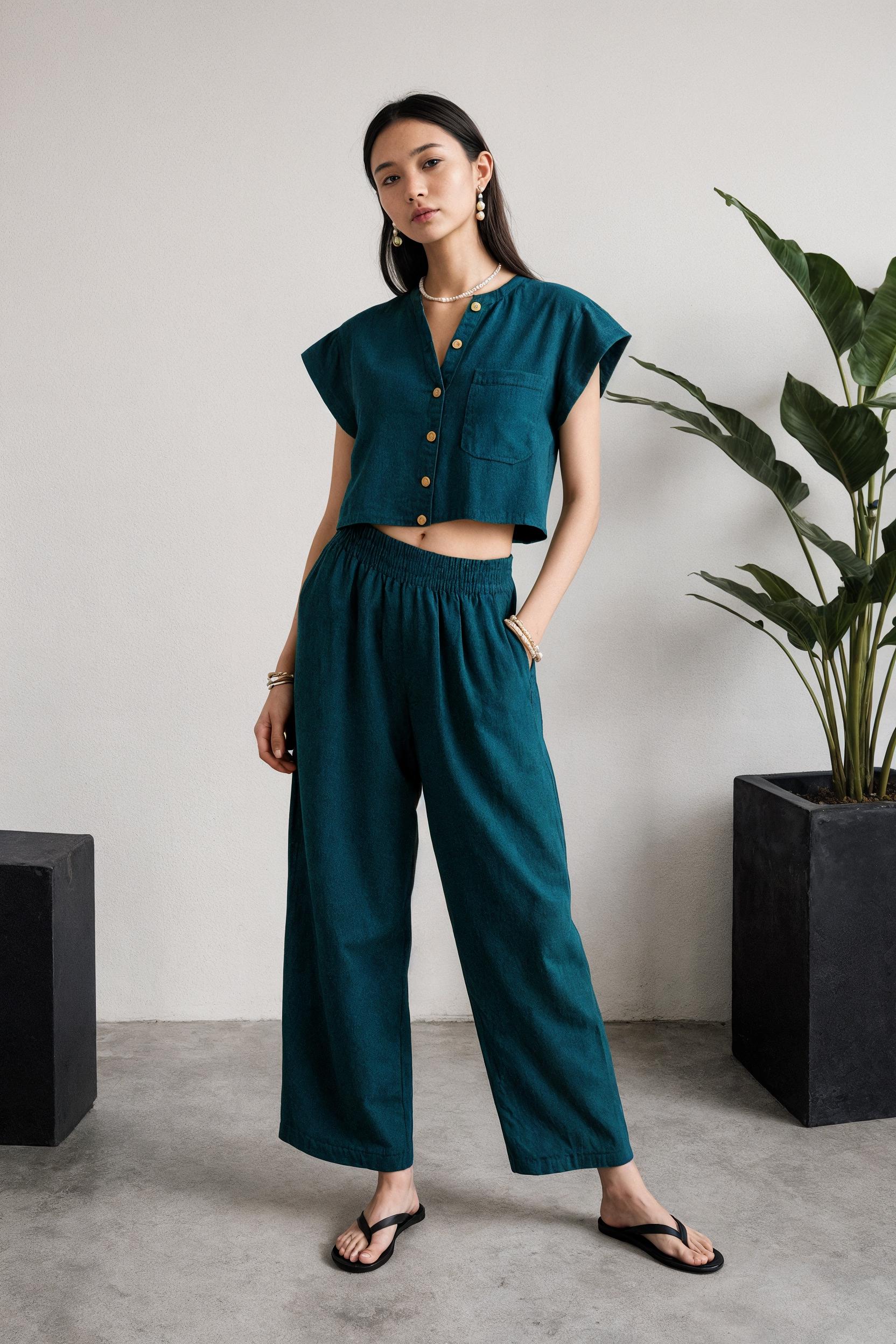 Linen Pajama Set: Women's Relaxed Fit Sleeveless Shirt & Straight Pants