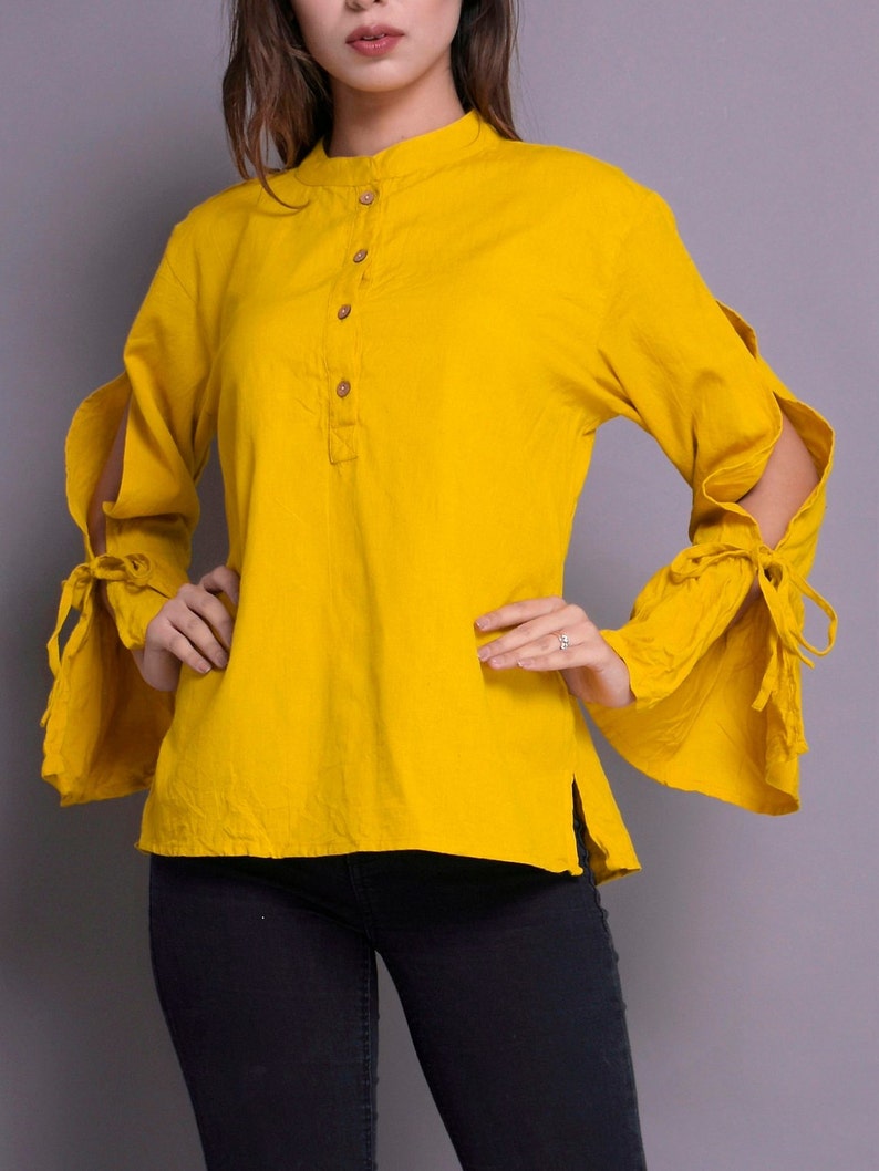 Shoulder Cut Shirt Casual Linen Shirt Gathered Sleeve Shirt Etsy