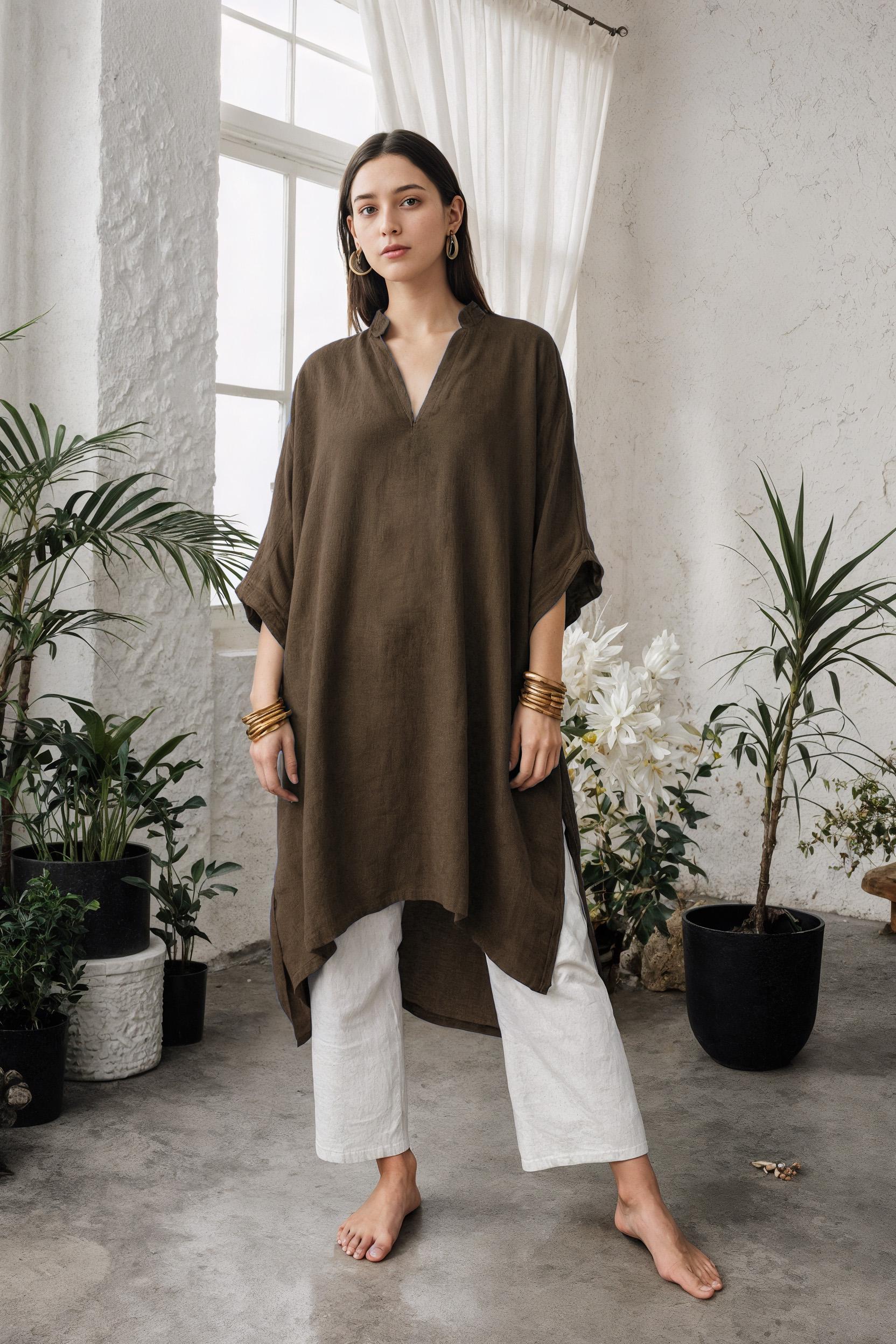 リネンハイローチュニックドレス | Vネックとサイドスリットが快適な