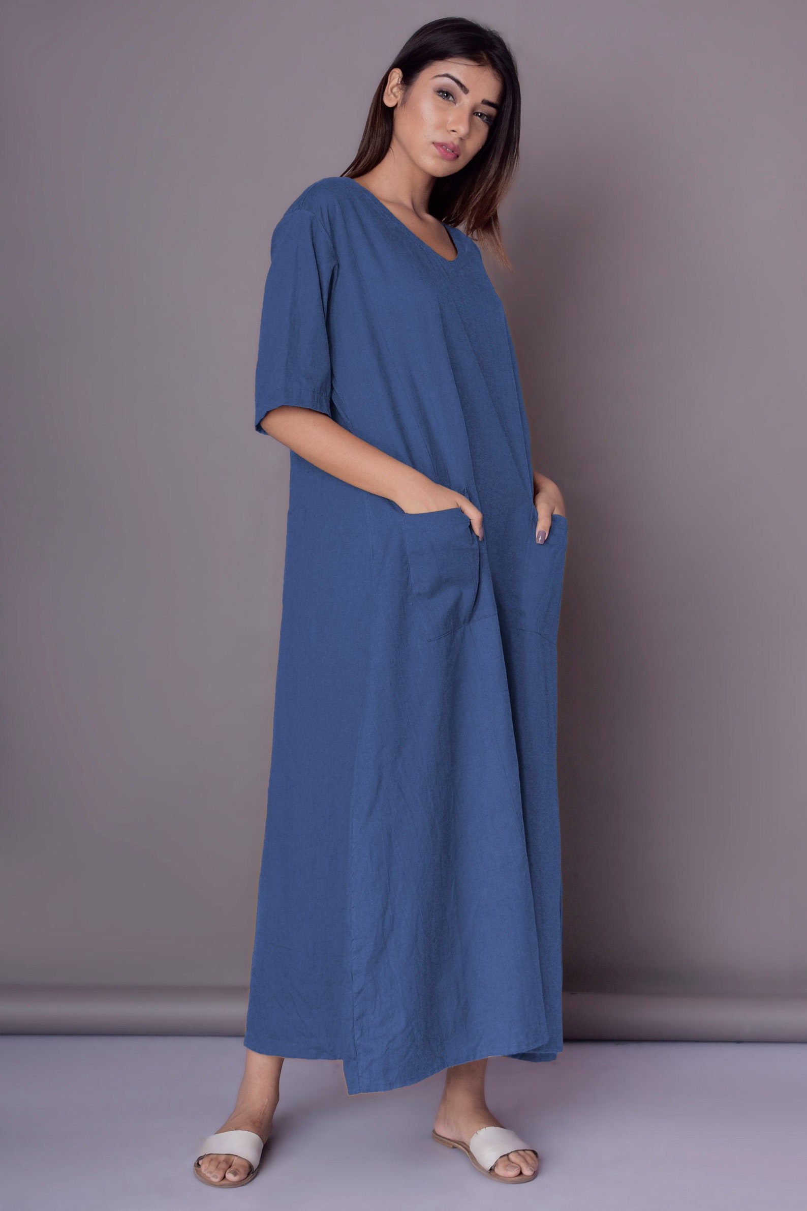 Linen Maxi Dress Tunic Dress With Patch Pockets Ankle Length - Etsy