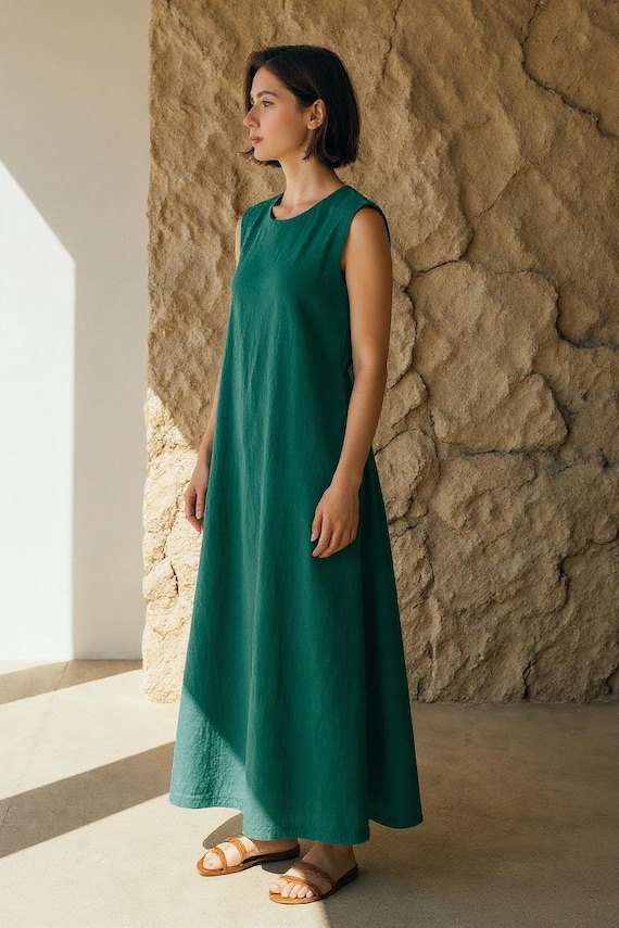 navy blue dress for baby girl Maxi Linen Dress ALICIA: High Neck A-Line Gown with Pockets main image 0