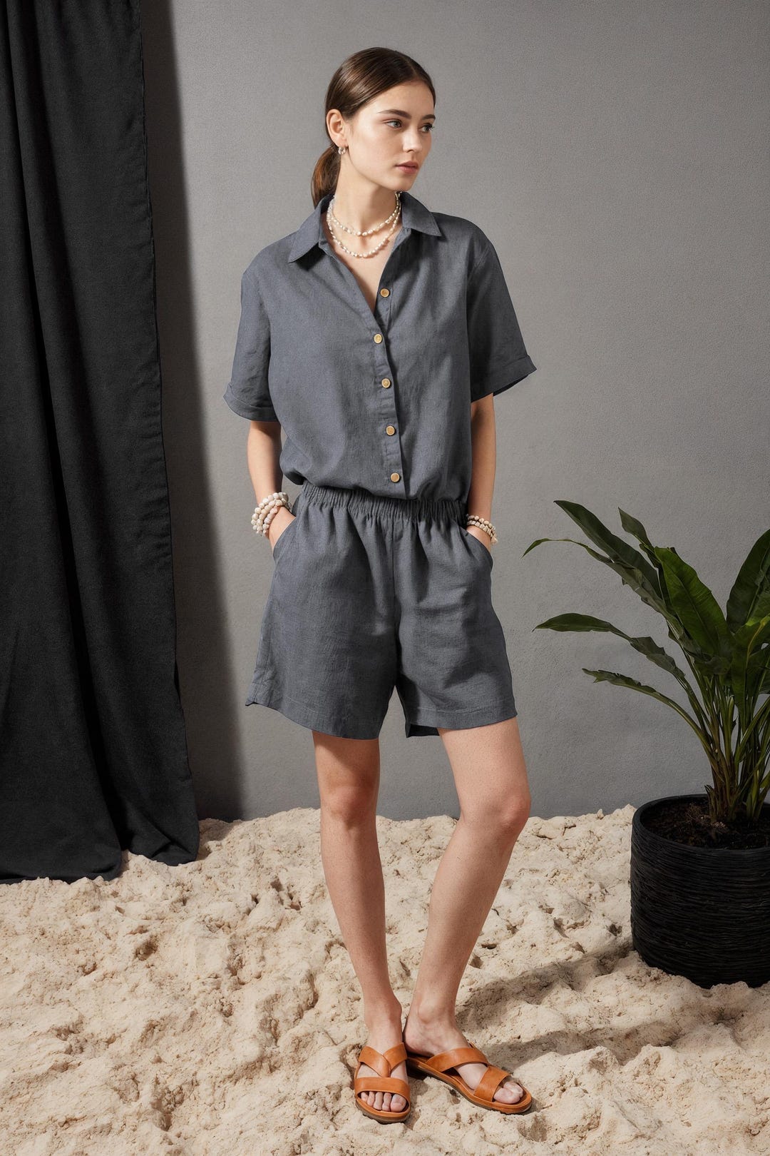 Matching linen shorts co-ord set in a neutral tone