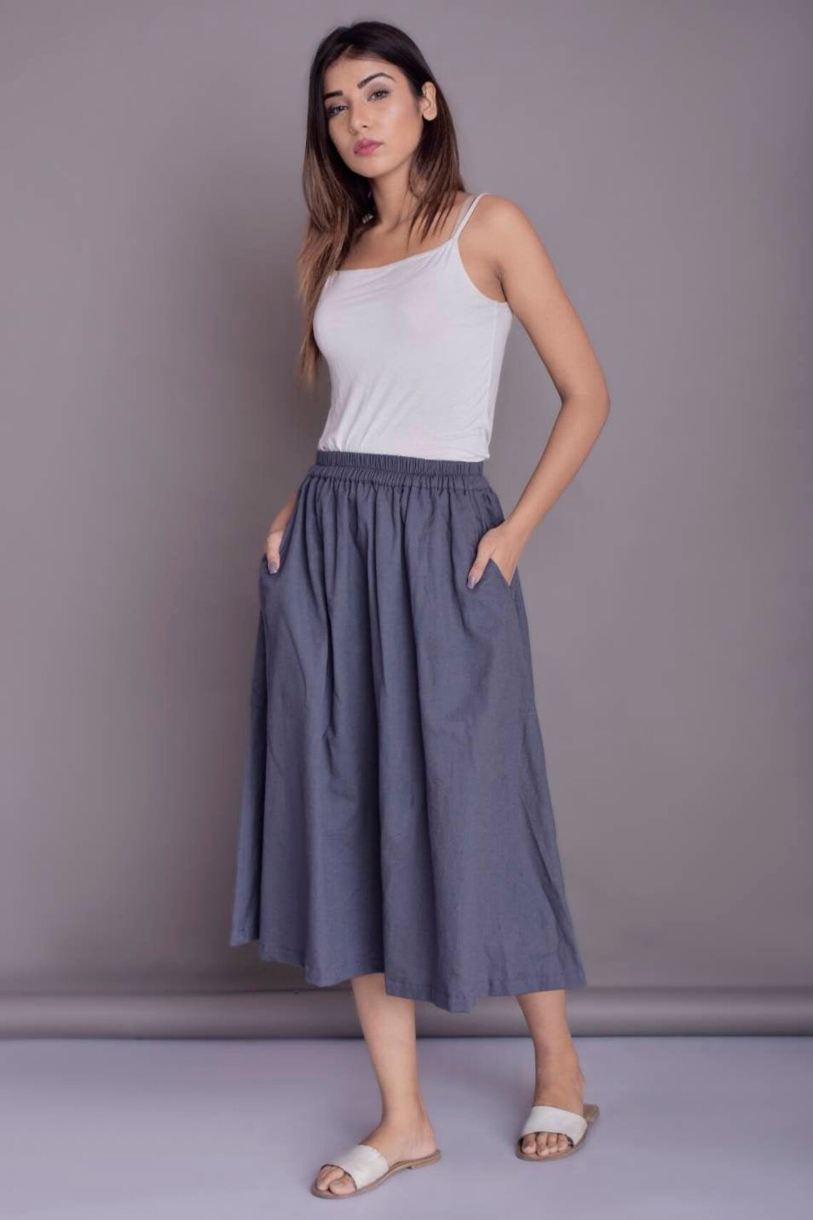 Adigau Damen Rock Hohe Taille - A-Linien Midirock Mit Taschen Plisseé