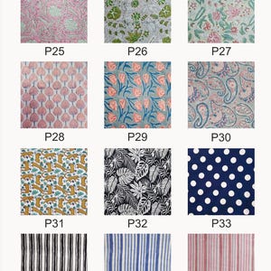 May include: A collection of 12 fabric swatches featuring various patterns, including floral, paisley, geometric, and polka dot designs. The swatches are labelled with numbers P25 through P36.