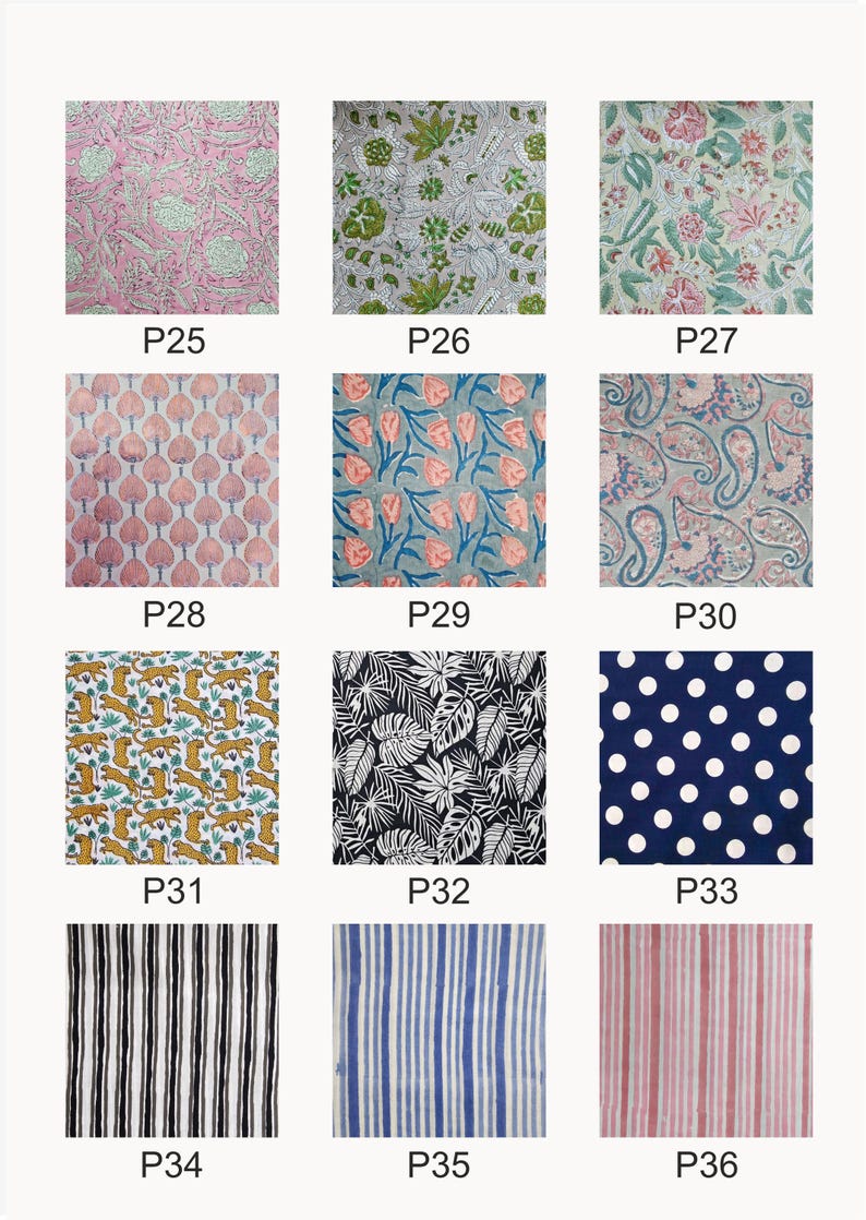 May include: A collection of 12 fabric swatches featuring various patterns, including floral, paisley, geometric, and polka dot designs. The swatches are labelled with numbers P25 through P36.