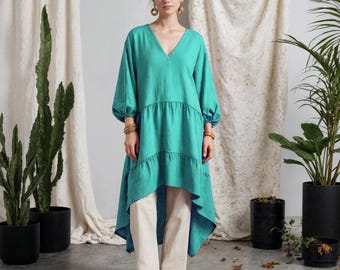 Linen Asymmetrical Drop Shoulder Dress with Pockets: V Neck, Elasticised Sleeve Hem