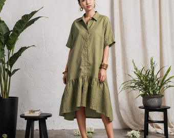 Linen Peplum Tunic Dress | Boho Button Down Dress with Collar and Side Seam Pockets