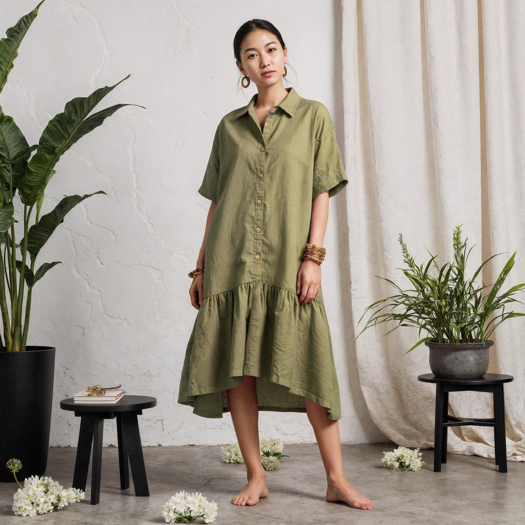peplum tunic dress Linen Peplum Tunic Dress | Boho Button Down Dress With Collar and Side Seam  Pockets