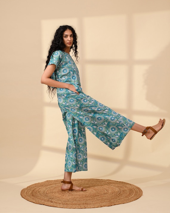 Printed Linen Palazzo Pants: Relaxed Fit, Elastic Waist