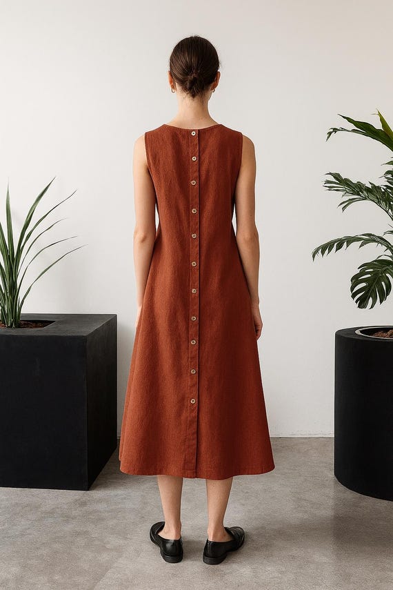 Linen Midi Dress: Sleeveless A-Line Summer Dress with Pockets