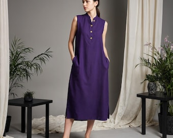 Linen Sleeveless Shin Length Dress: Pockets, Mandarin Collar and Wooden Buttons
