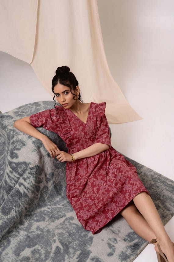 Handblock Printed Linen Dress: Eco-Friendly Frill Detail Summer Dress
