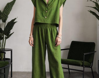 Linen Pants Set: Relaxed Sleeveless Shirt & Wide Leg Trousers
