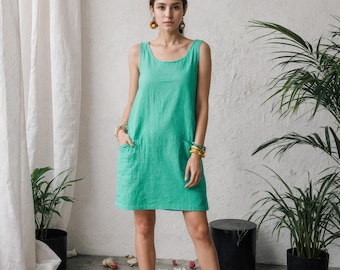 Summer Linen Mini Dress: Sleeveless Cotton-Linen Blend with Pockets