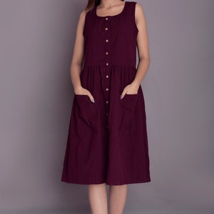 Linen Sleeveless Dress | Button Opening Linen Dress | Summer Dress for Women | Midi Linen Dress with Patch Pockets | Casual Dress -(76)