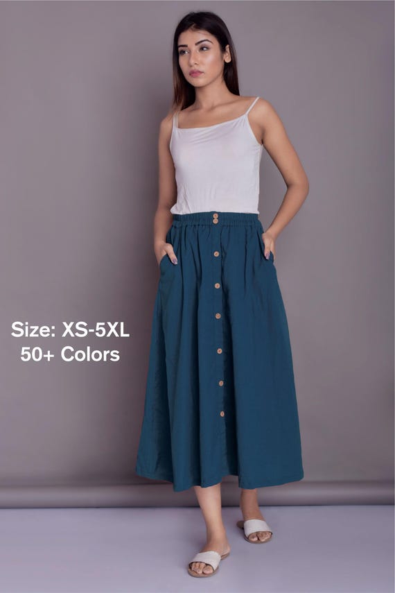 Linen Midi Skirt with Buttons Pockets