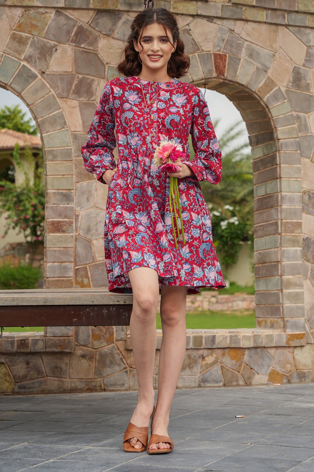 Linen Puff Sleeve Dress | Midi Dress | Dress with Pockets | Button Down Dress | High Waist Dress | Loose Floral Dress | Printed Spring Dress