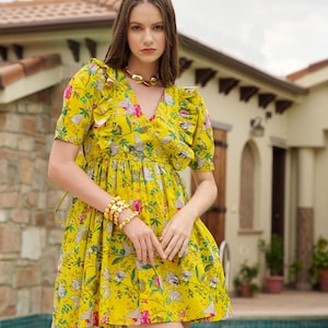 Floral Cotton Midi Dress: Ruffle Sleeve Spring Dress