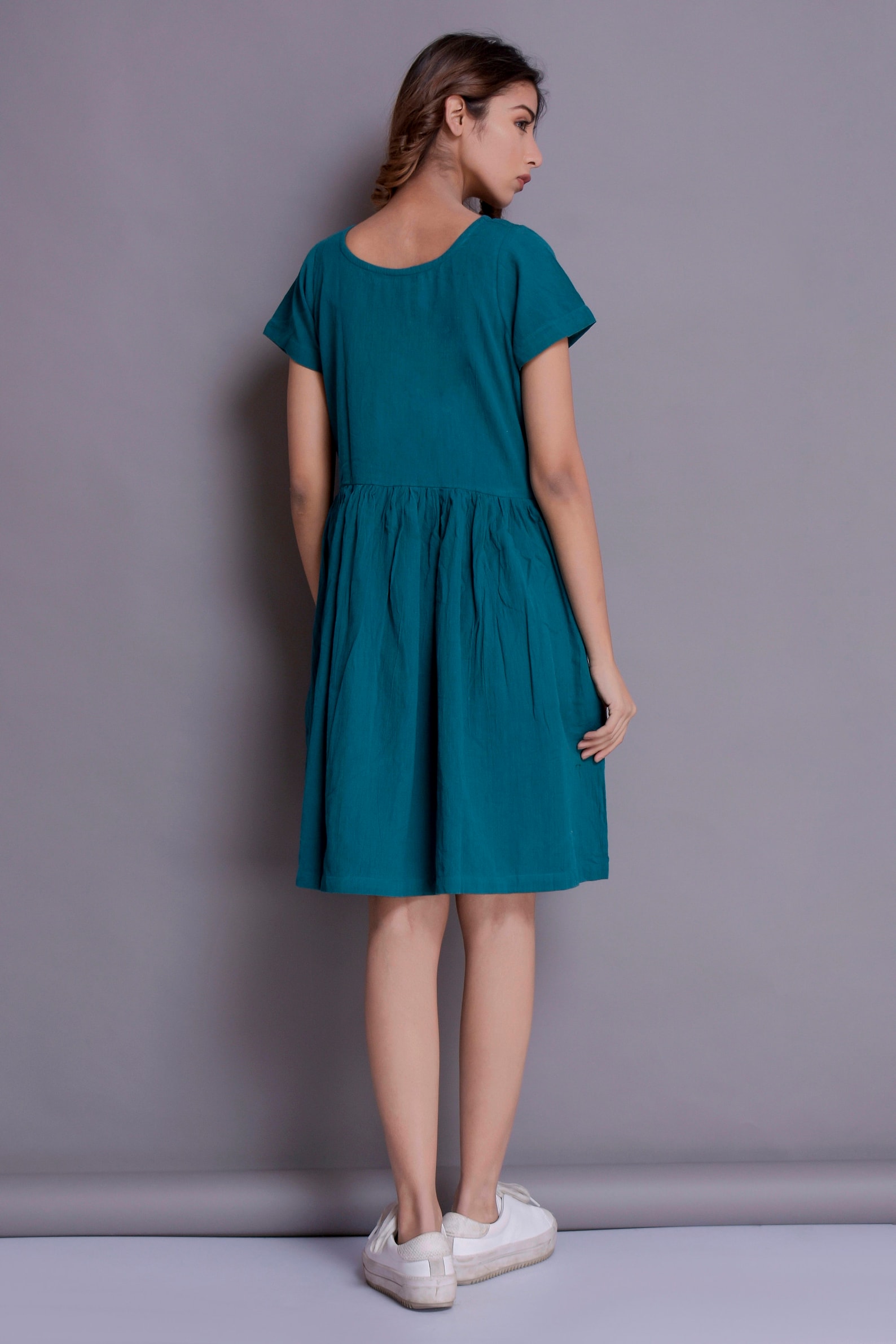 Short sleeved Dress Teal Linen dress Summer dress Knee | Etsy