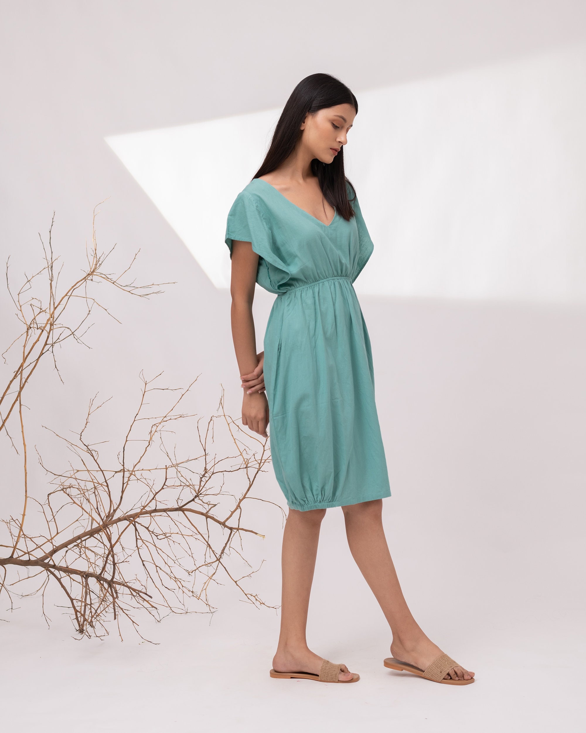 Linen Midi Dress: Short Sleeve Summer Dress with Pockets