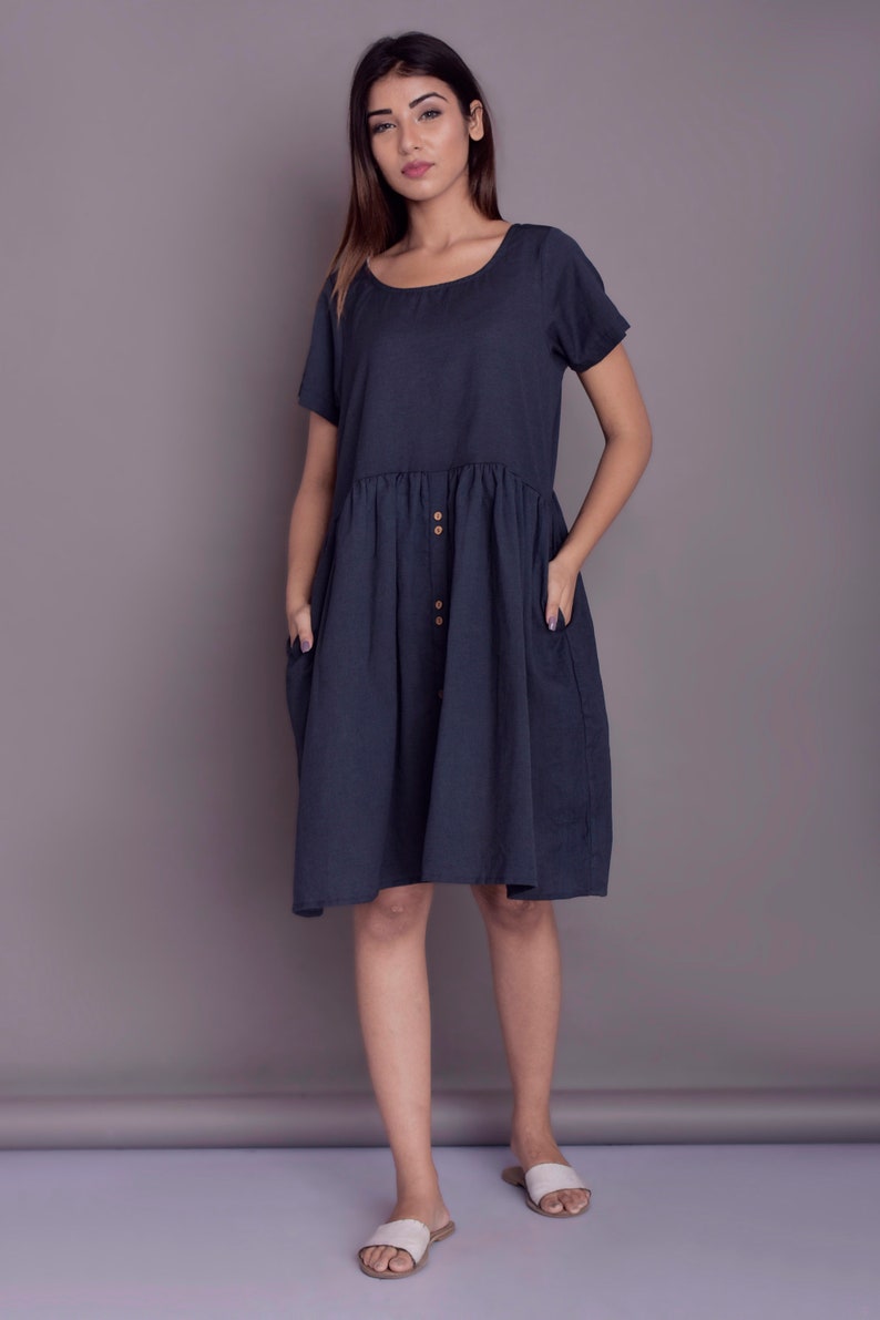 Button Down Linen Midi Dress Charcoal Linen Dress Summer | Etsy