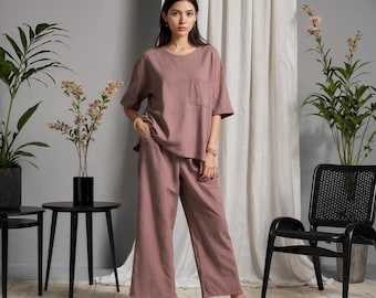 Linen Pants Blouse Set: Relaxed Fit Shirt & Wide Leg Trousers