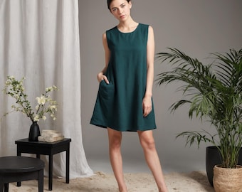 Summer Linen Mini Dress: Sleeveless Round Neck Dress with Pockets