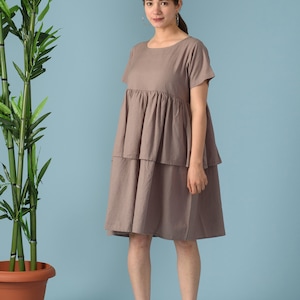 Linen Midi Dress | Short Sleeved Linen Dress | Linen Short Summer Dress | Knee Length Linen Dress | Ruffle Linen Dress -(78 B)