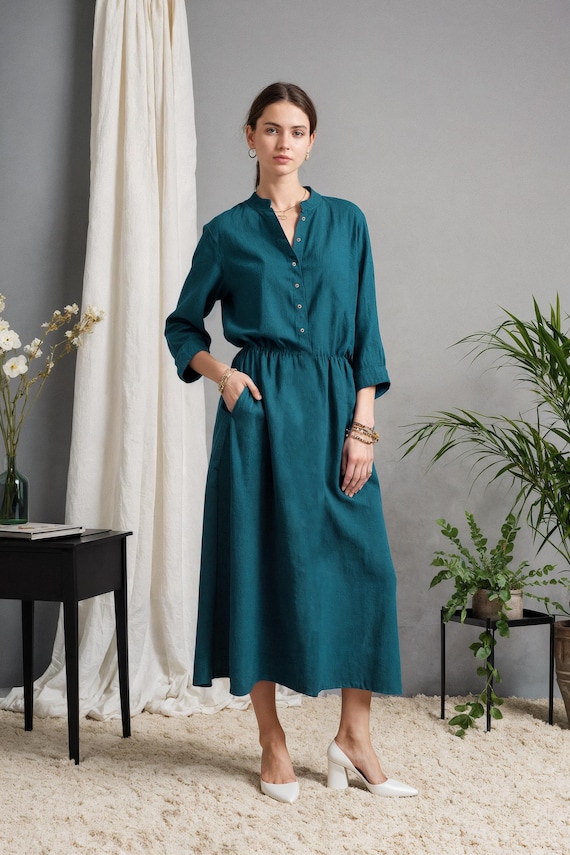 knee length dresses for ladies White Linen Midi Shirt Dress