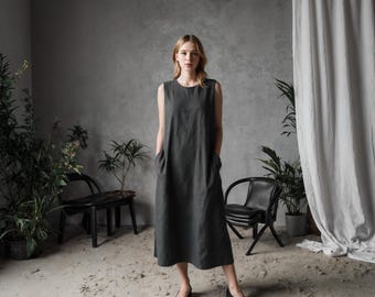 Linen Shin Length Summer Dress with Pockets - Sleeveless Casual Dress