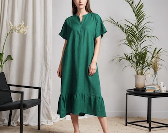 Linen Peplum Shin Length Dress | Boho Gather Dress with Side Seam Pockets
