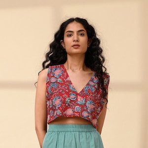 SLEEVELESS CROP BLOUSE | Sleeveless Top | Summer Sleeveless Top | Floral Blouse Women |  Floral Summer Top | V Neck Crop Top