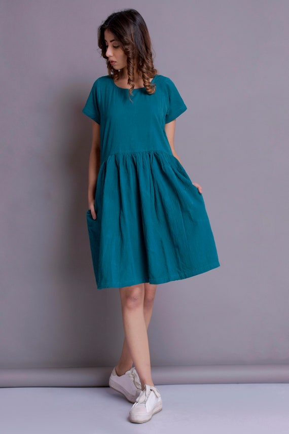 Short Sleeved Dress Teal Linen Dress Summer Dress Knee - Etsy