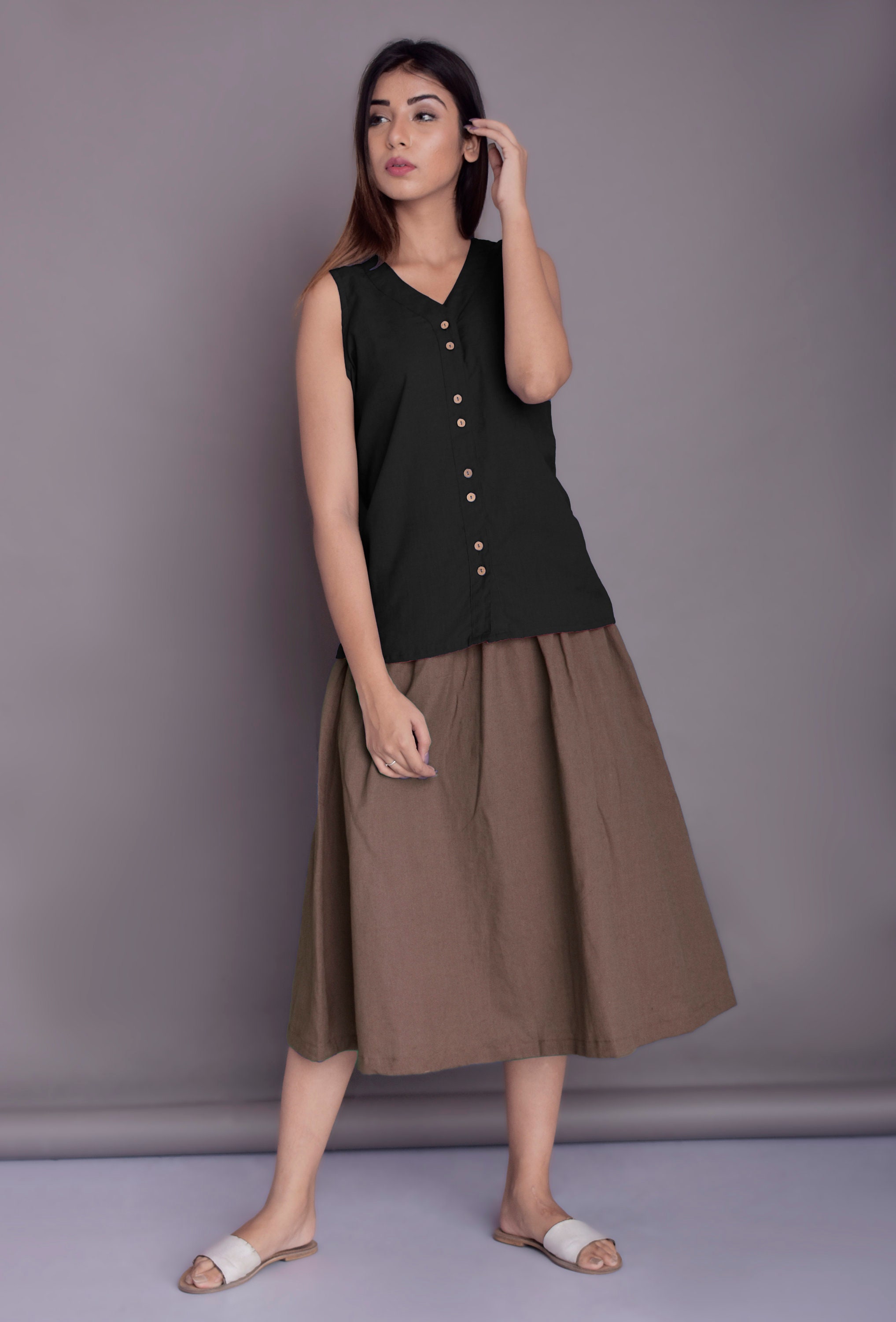 Falda Beige Falda Larga Fluida Con Ramio U00b7 Chocolate U00b7