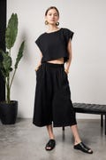 Oversized Linen Crop Top: Relaxed Sleeveless Blouse, Boat Neck