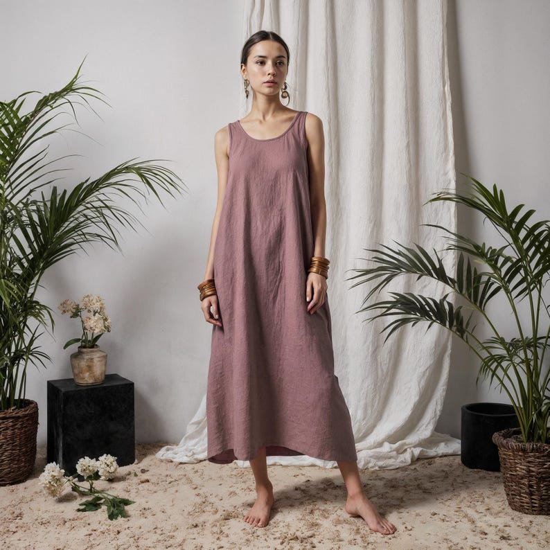 Op de afbeelding: Een mouwloze, stoffig roze jurk met een ronde hals. De jurk is enkellang en gemaakt van een zachte, vloeiende stof. Het model draagt houten armbanden en oorbellen. De achtergrond omvat potplanten en een wit gordijn.