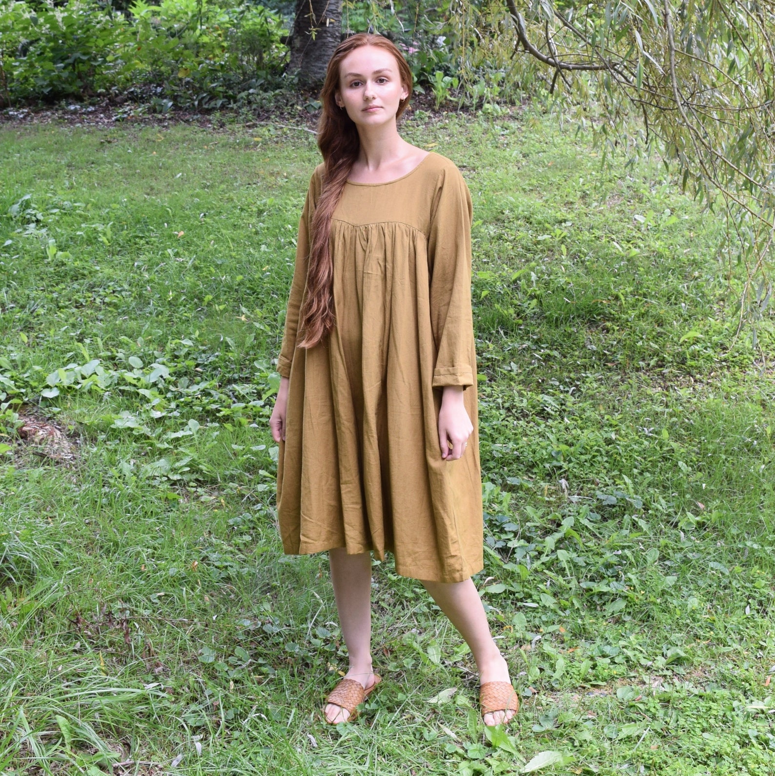 Linen Summer Midi Dress | V-Neck Empire Waist Design