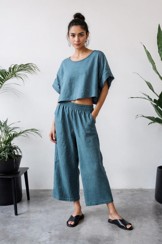 Cropped Linen Pants: Wide Leg Summer Trousers with Pockets