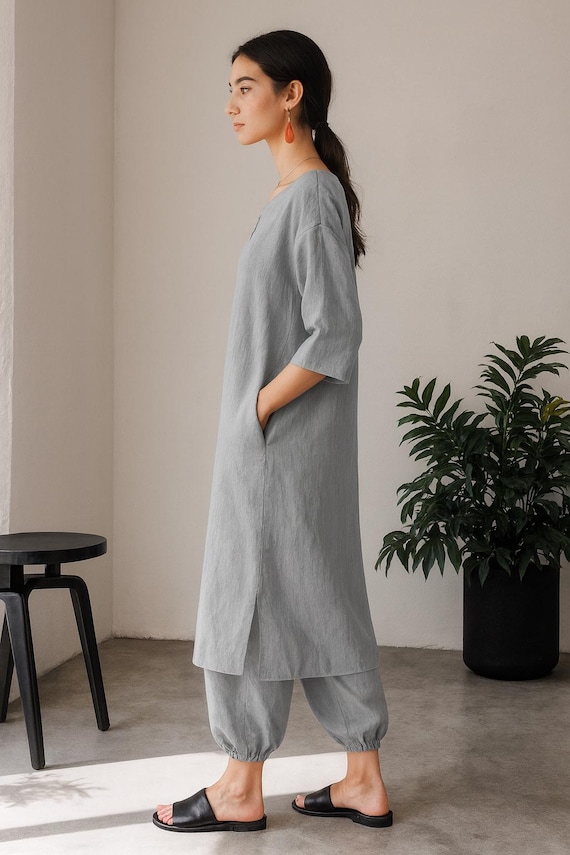 linen tunic dress with pockets Linen Tunic Dress: Minimalist V-neck Button Kurta With Pockets