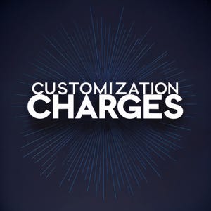 Może przedstawiać: Ciemnoniebieska grafika z białym napisem CUSTOMIZATION CHARGES pogrubioną czcionką bezszeryfową. Tekst jest wyśrodkowany na promieniującym wzorze cienkich, jasnoniebieskich linii, kt&oacute;re rozchodzą się na zewnątrz niczym efekt gwiazdy.