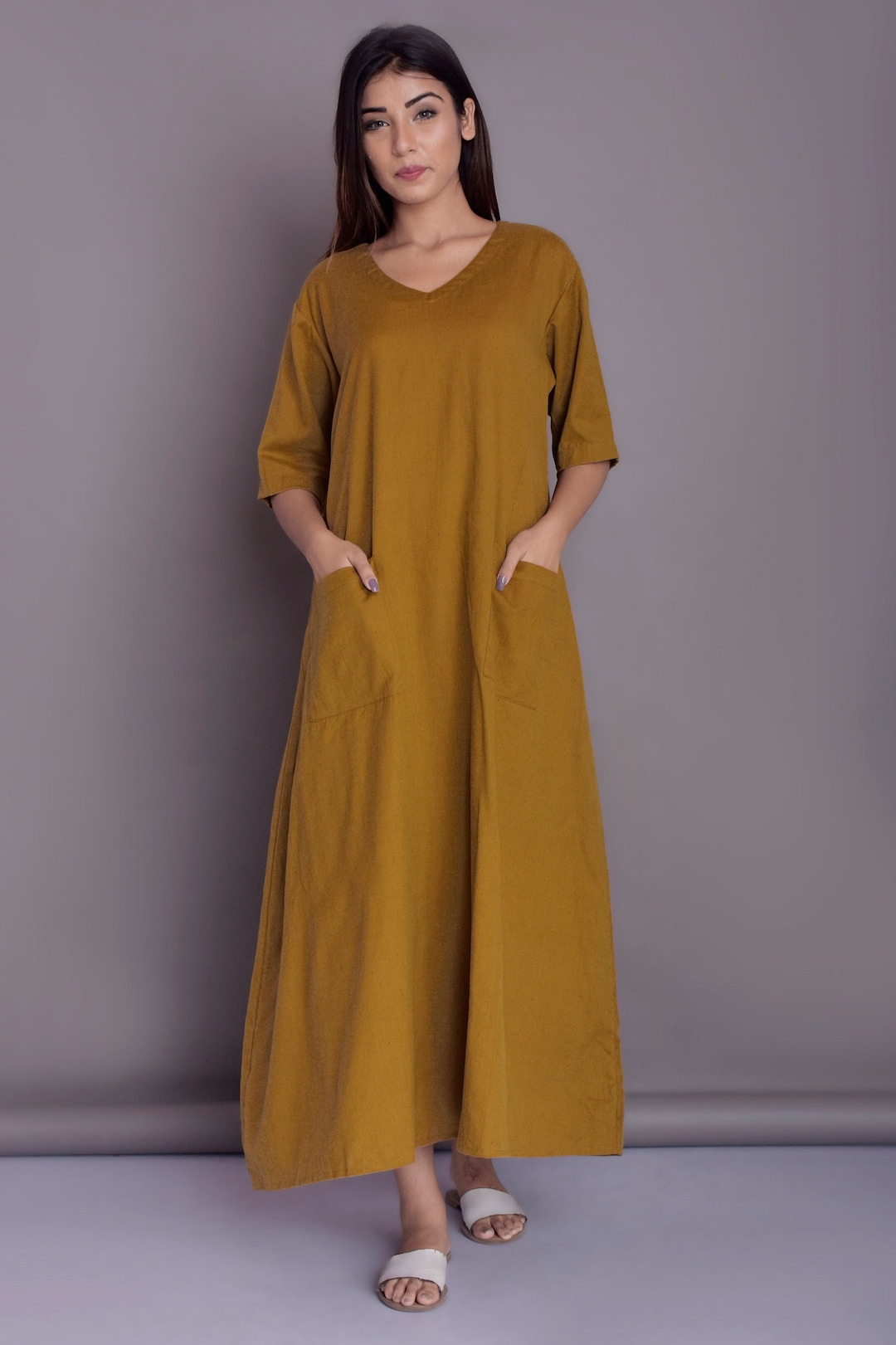 Linen Tunic Dress With Half Sleeves, Loose Linen Dress With Patch ...