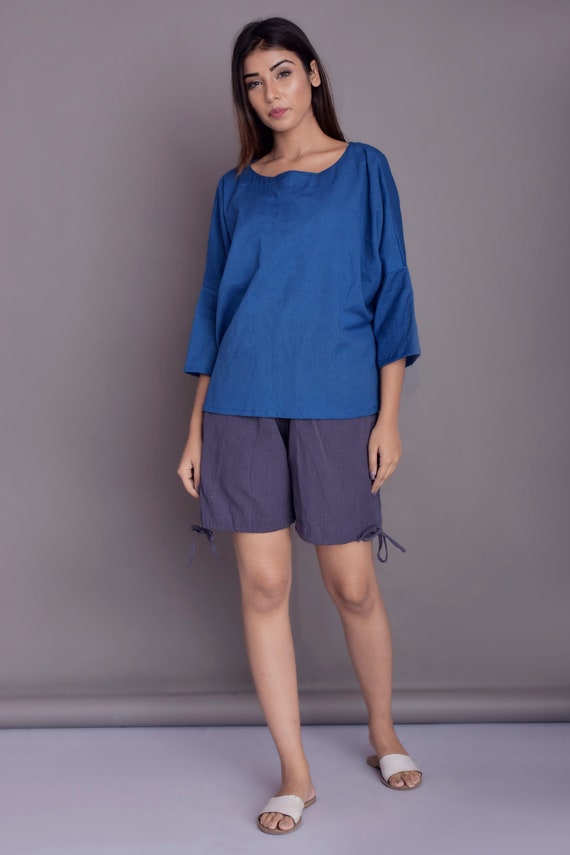 Short Femme Taille Haute En Coton-Lin - Élastique Avec Cordon - Poches Latérales - Plage Et Sport