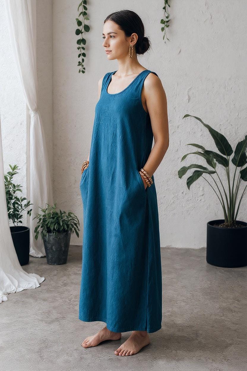 Linen Maxi Dress with Pockets: Sleeveless Everyday Above the Ankle Length Dress