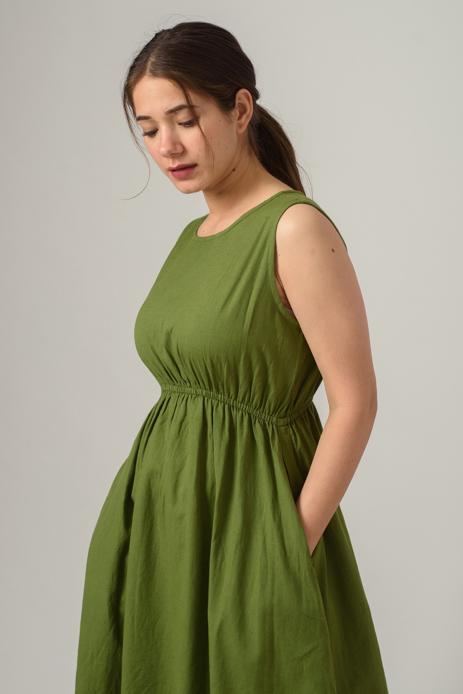 Shin length linen dress Empire waist dress Sleeveless linen