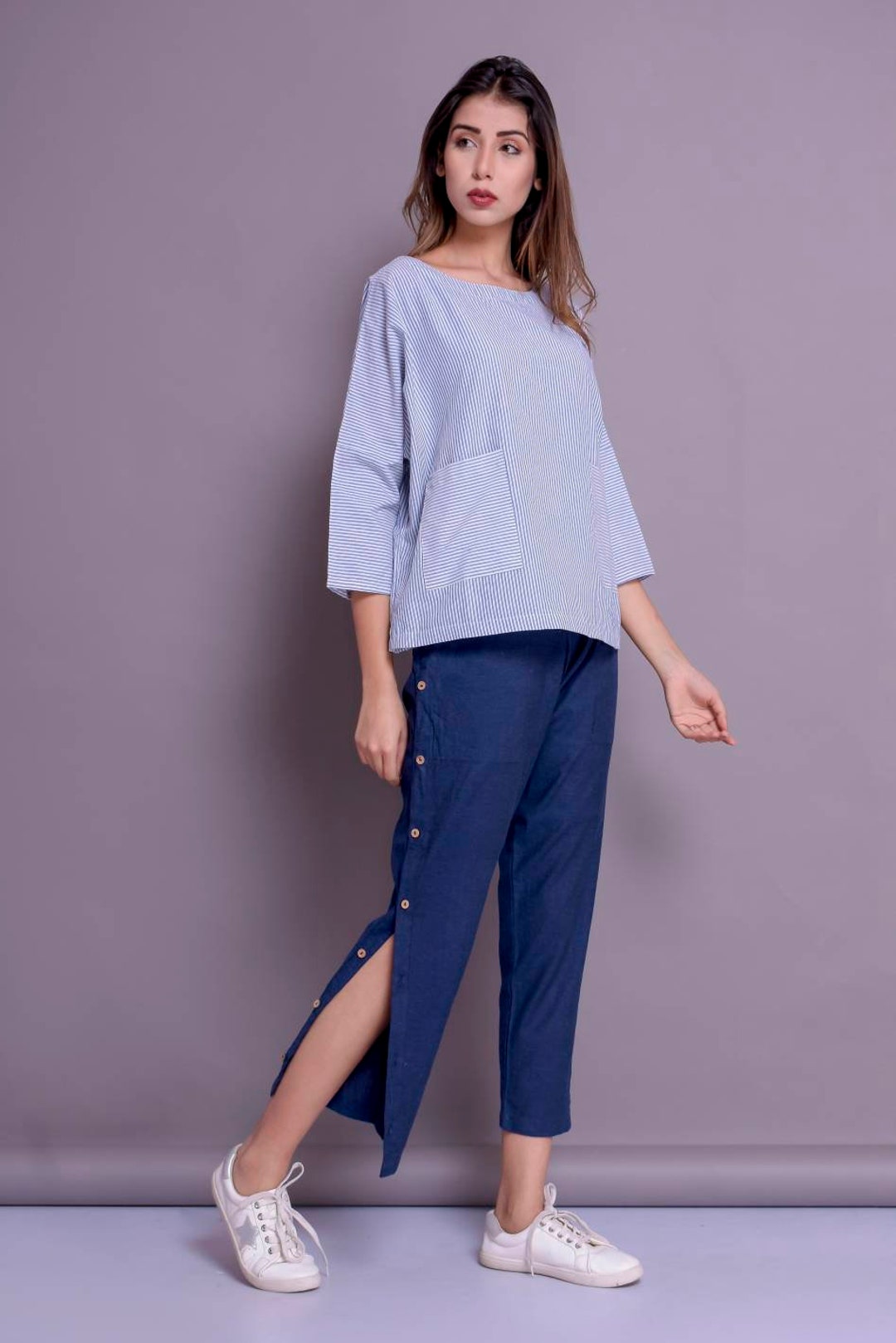Side Open Buttoned Linen Pants, Linen Casual Pants, Linen Trousers