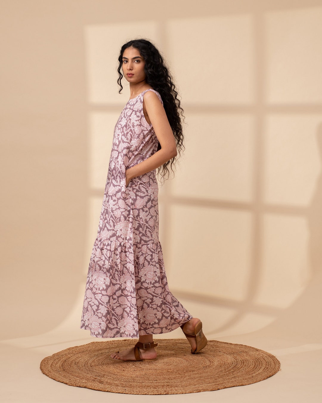 Hand Block Printed Maxi Dress With Pockets, Linen Maxi Dress, Summer