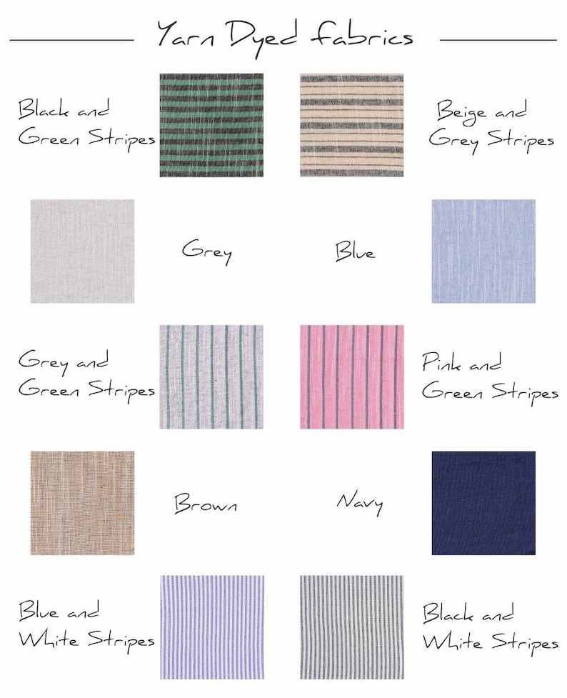 Op de afbeelding: Een verzameling van 10 stofstalen met verschillende kleuren en patronen. De stalen zijn gerangschikt in een raster met de namen van de kleuren en patronen onder elk staal. De kleuren omvatten grijs, blauw, bruin, marine, beige, roze, zwart en groen. De patronen omvatten strepen en ruiten.