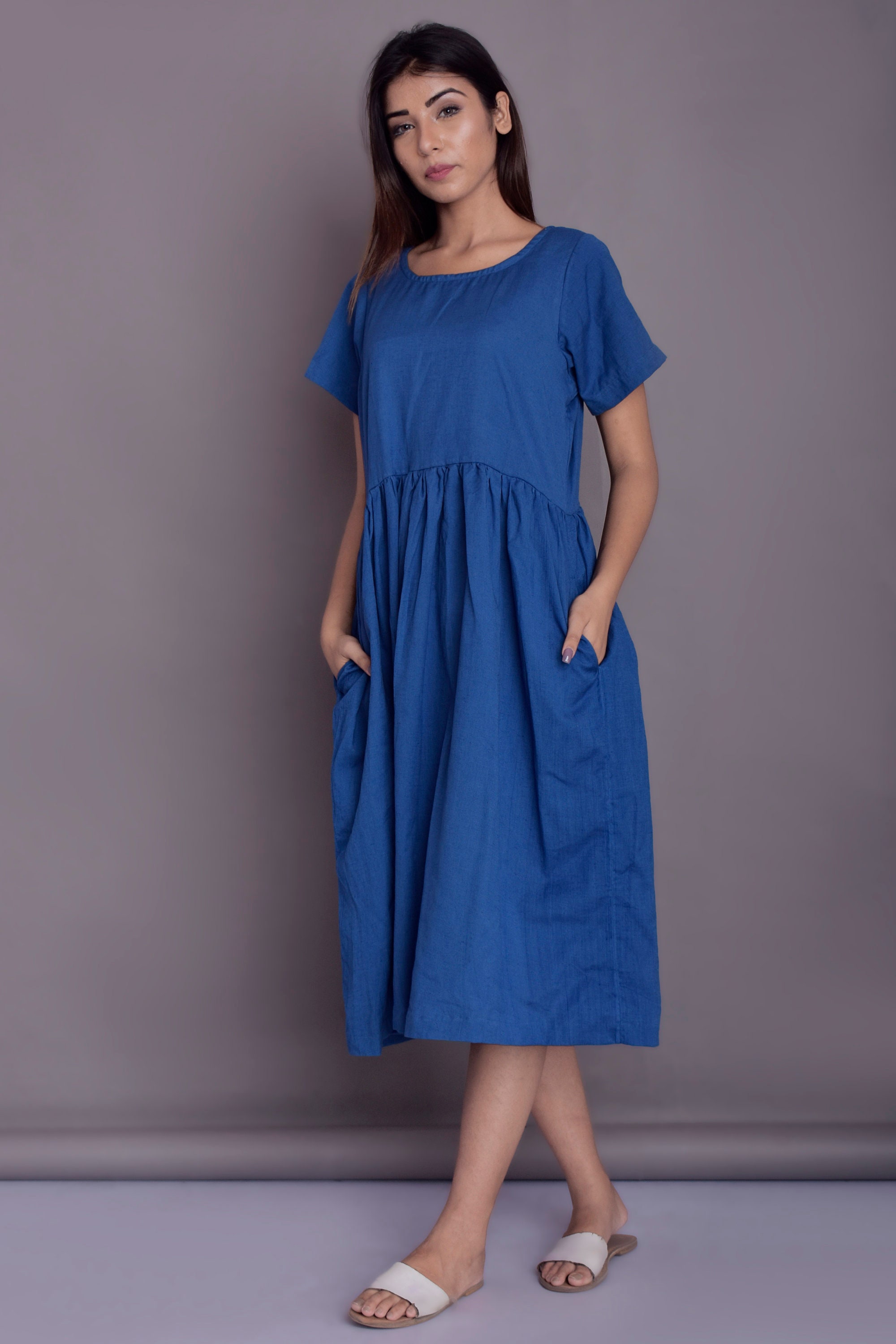 Linen Midi Dress Short Sleeved Dress Blue Linen Dress | Etsy