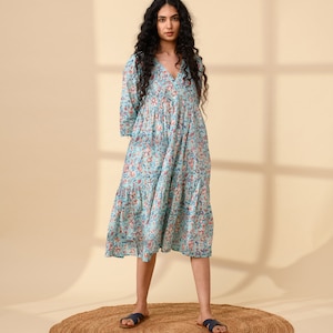 Printed SUMMER DRESS With POCKETS | Linen Midi Dress | Full Sleeve Calf Length Dress | Loose Fit Modest Dress | Gathered Linen Dress