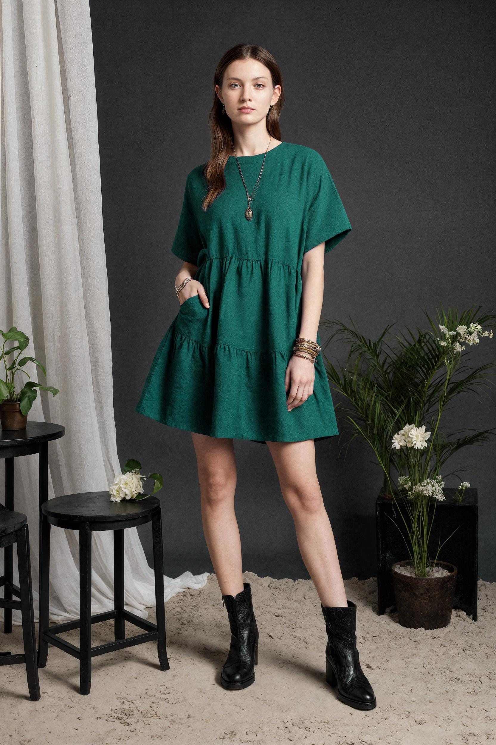 a line dress solid color Cotton Long Sleeve A-Line Shirt Midi Dress  AROLORA